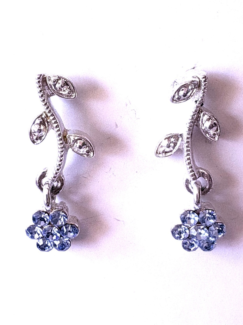 Delicate Silver Leaf Drop Earrings with Light Blue Crystal Flowers